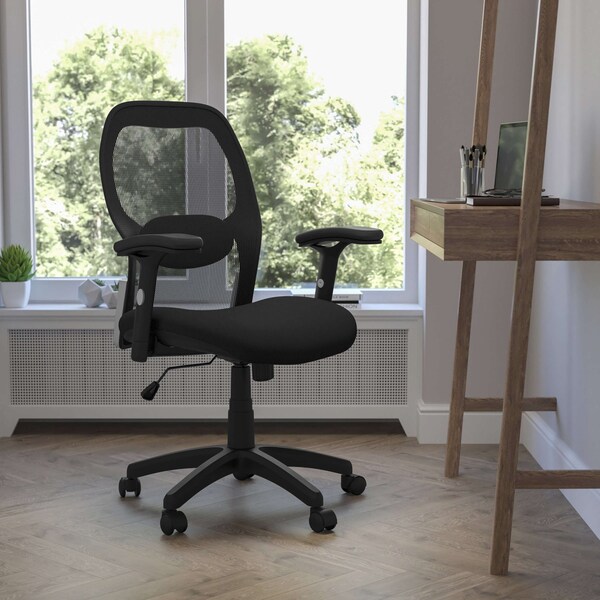 Flash Furniture Contemporary Chair Mid-Back Exec Mesh Chair, Black, Adjustable Arms, 18" to 22" Height, Mesh - LF-W42B-GG