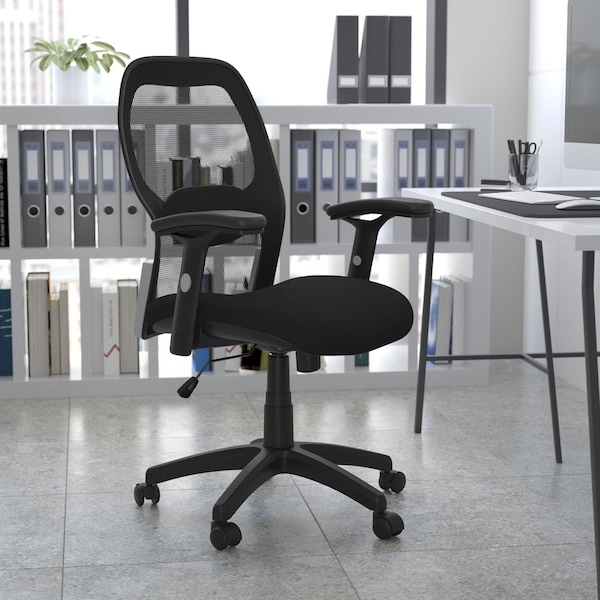 Flash Furniture Contemporary Chair Mid-Back Exec Mesh Chair, Black, Adjustable Arms, 18" to 22" Height, Mesh - LF-W42B-GG