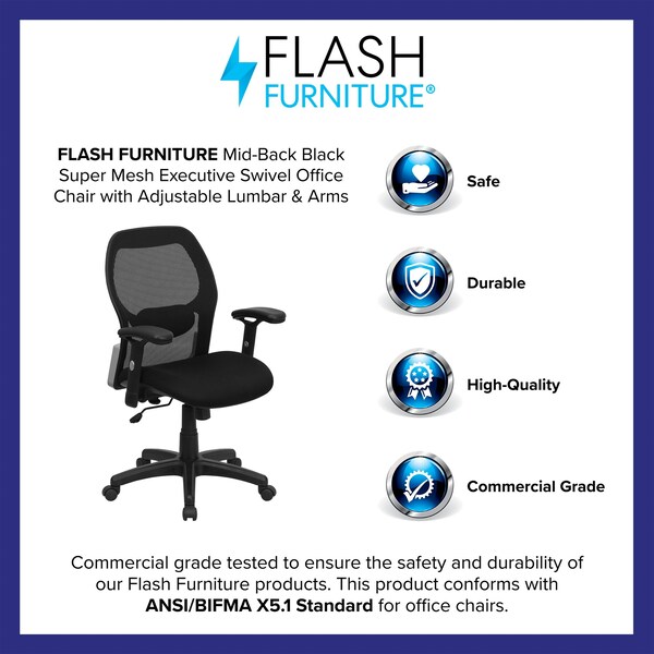 Flash Furniture Contemporary Chair Mid-Back Exec Mesh Chair, Black, Adjustable Arms, 18" to 22" Height, Mesh - LF-W42B-GG