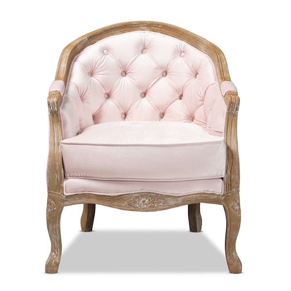 Baxton Studio Genevieve Light Pink Velvet Upholstered White-Washed Oak Wood Armchair - 156-9492