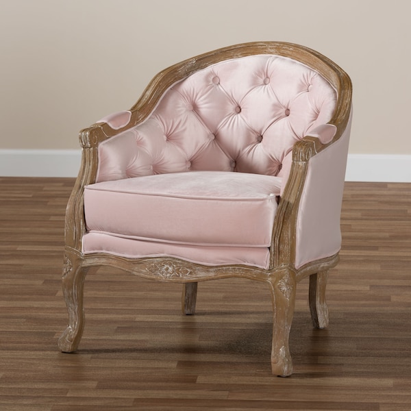 Baxton Studio Genevieve Light Pink Velvet Upholstered White-Washed Oak Wood Armchair - 156-9492