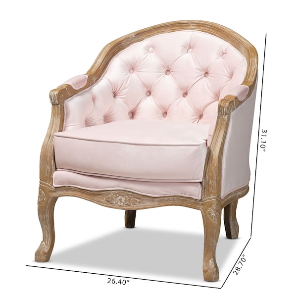 Baxton Studio Genevieve Light Pink Velvet Upholstered White-Washed Oak Wood Armchair - 156-9492