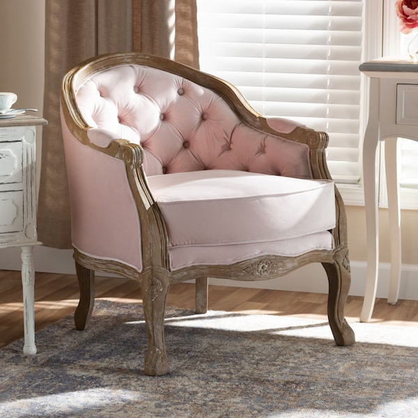 Baxton Studio Genevieve Light Pink Velvet Upholstered White-Washed Oak Wood Armchair - 156-9492
