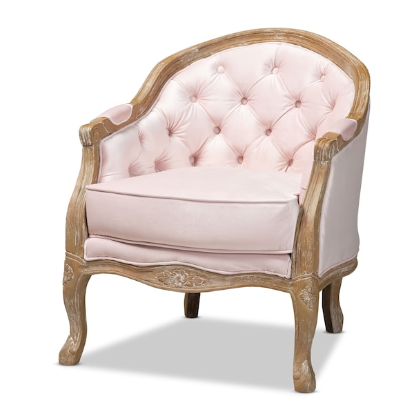 Baxton Studio Genevieve Light Pink Velvet Upholstered White-Washed Oak Wood Armchair - 156-9492