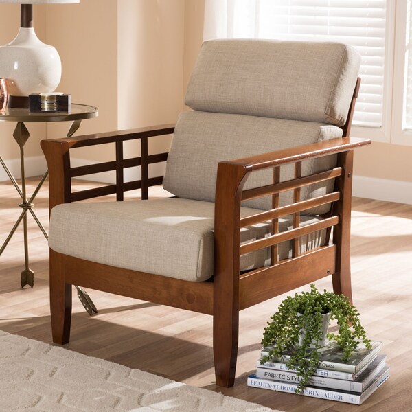 Baxton Studio Larissa Cherry Finished Wood and Beige High Back Lounge Chair - 145-8753