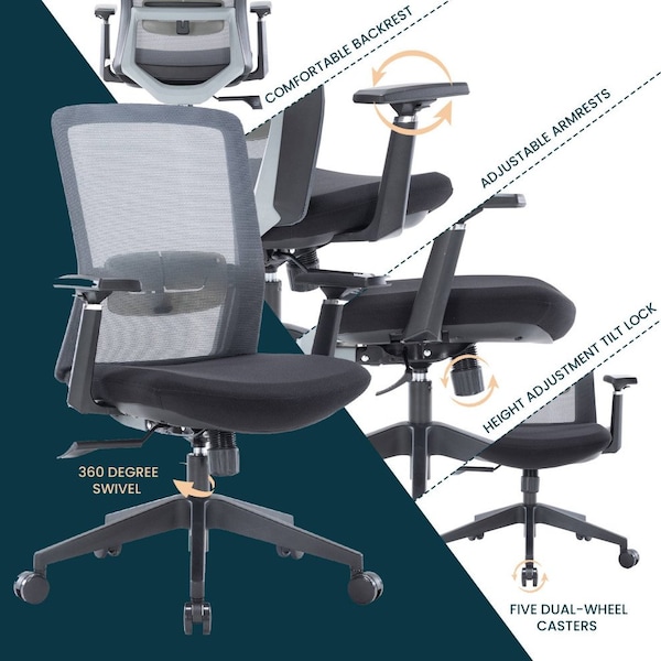 Leisuremod Ingram Office Task Chair with Adjustable Armrests and Swivel and Tilt, Grey - IO20GR