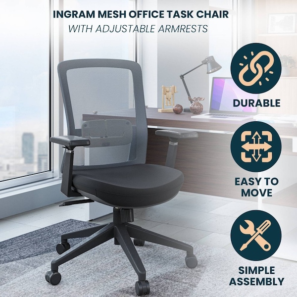 Leisuremod Ingram Office Task Chair with Adjustable Armrests and Swivel and Tilt, Grey - IO20GR