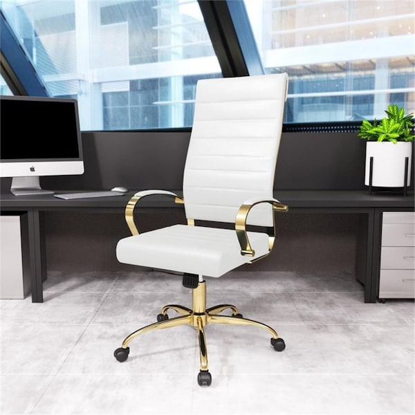 Leisuremod Benmar High-Back Leather Office Chair with Gold Frame, White - BOTG19WL