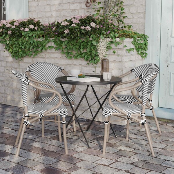Flash Furniture Marseille French Bistro Stacking Chair w/Arms, Black/White Textilene and Bamboo Alum Frame, 4PK - 4-SDA-ADS642108-BLKWH-LTNAT-GG