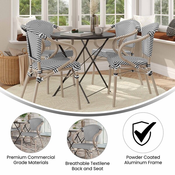 Flash Furniture Marseille French Bistro Stacking Chair w/Arms, Black/White Textilene and Bamboo Alum Frame, 4PK - 4-SDA-ADS642108-BLKWH-LTNAT-GG