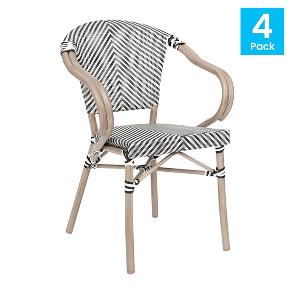 Flash Furniture Marseille French Bistro Stacking Chair w/Arms, Black/White Textilene and Bamboo Alum Frame, 4PK - 4-SDA-ADS642108-BLKWH-LTNAT-GG