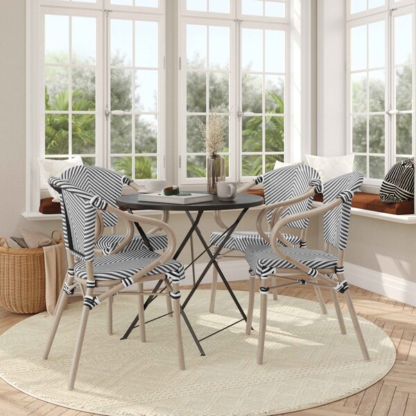 Flash Furniture Marseille French Bistro Stacking Chair w/Arms, Black/White Textilene and Bamboo Alum Frame, 4PK - 4-SDA-ADS642108-BLKWH-LTNAT-GG