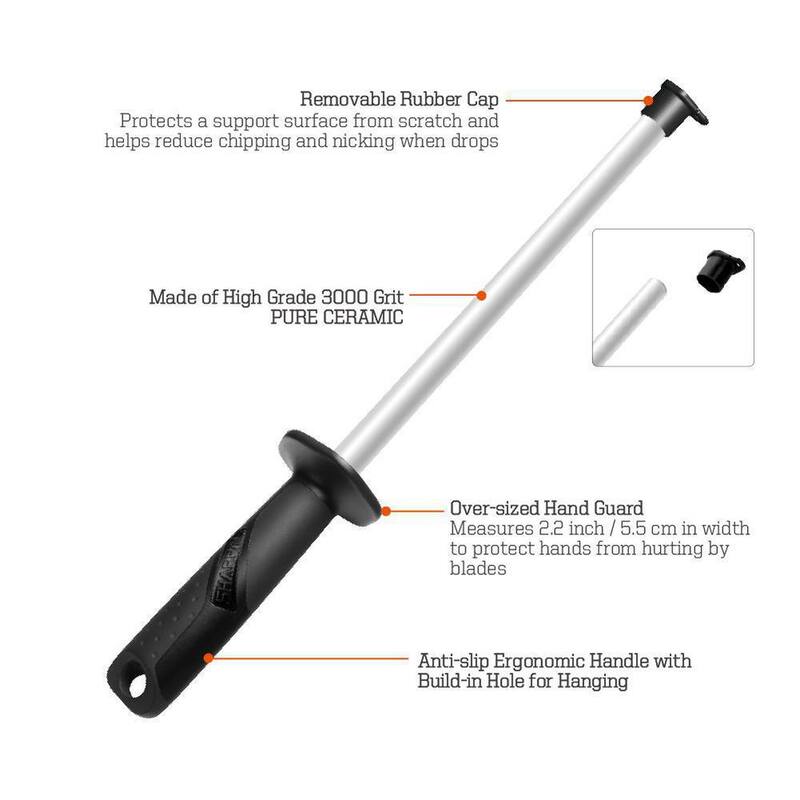 Sharpal 10 in. Ceramic Sharpening Rod Steel Knife Blade Sharpener Honing Rod Professional Kitchen Chef Stick with Anti-Break Cap - 118N