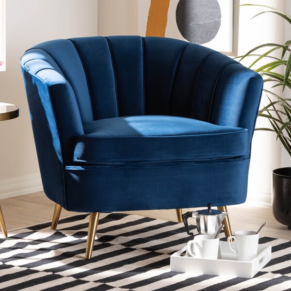 Baxton Studio Emeline Navy Blue Velvet Upholstered Brushed Gold Finished Chair - 157-9788