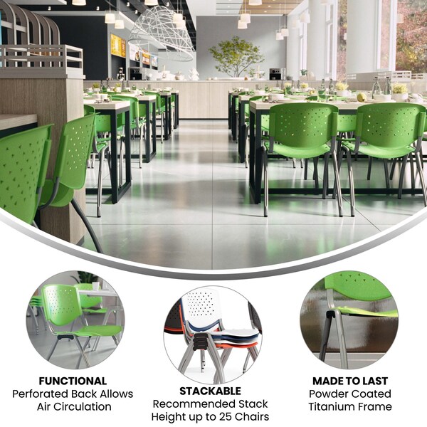 Flash Furniture 5 Pack HERCULES Series 880 lb. Capacity Green Plastic Stack Chair with Titanium Gray Powder Coated Frame - 5-RUT-F01A-GN-GG