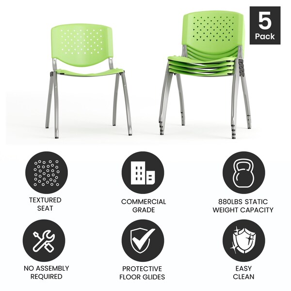 Flash Furniture 5 Pack HERCULES Series 880 lb. Capacity Green Plastic Stack Chair with Titanium Gray Powder Coated Frame - 5-RUT-F01A-GN-GG
