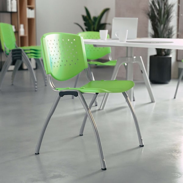 Flash Furniture 5 Pack HERCULES Series 880 lb. Capacity Green Plastic Stack Chair with Titanium Gray Powder Coated Frame - 5-RUT-F01A-GN-GG