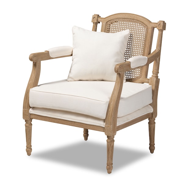 Baxton Studio Clemence Ivory Upholstered Whitewashed Wood Armchair - 158-8849