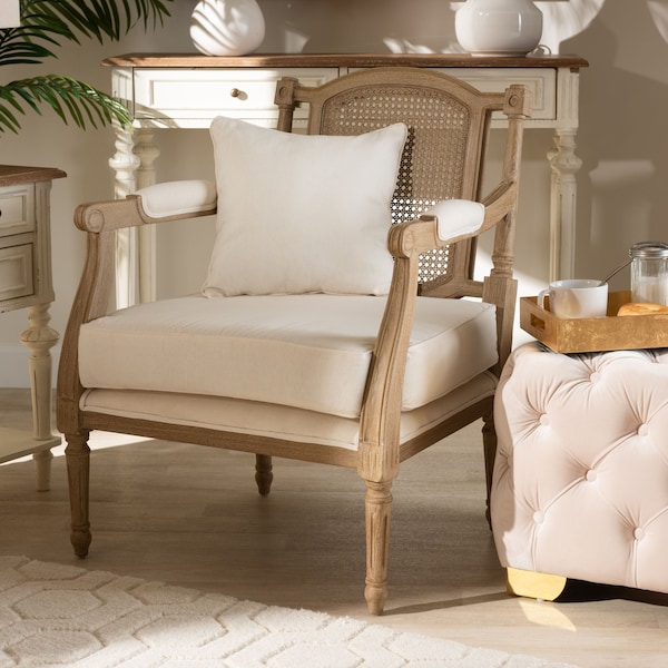 Baxton Studio Clemence Ivory Upholstered Whitewashed Wood Armchair - 158-8849