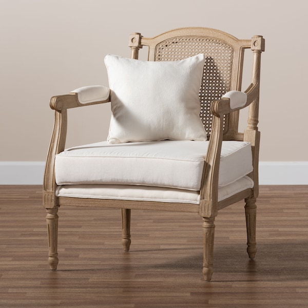 Baxton Studio Clemence Ivory Upholstered Whitewashed Wood Armchair - 158-8849