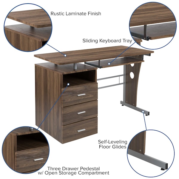 Flash Furniture Walnut 3 Drawer Pedestal Desk - NAN-WK-008-RU-GG