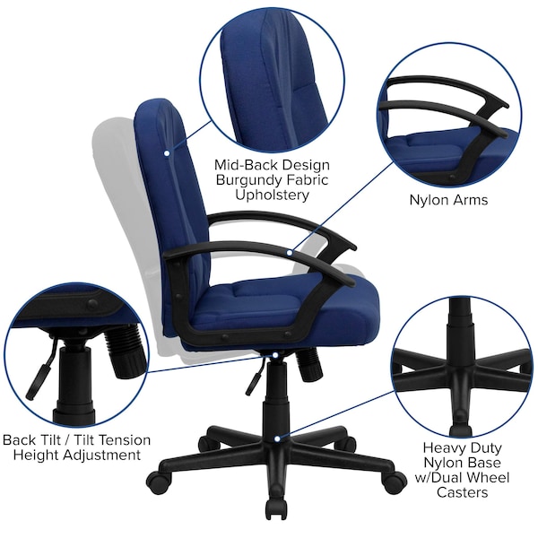 Flash Furniture Contemporary Chair Navy Mid-Back Exec Chair, Fixed Arms, 17-1/4" to 21-1/4" Height, Fabric, Navy - GO-ST-6-NVY-GG