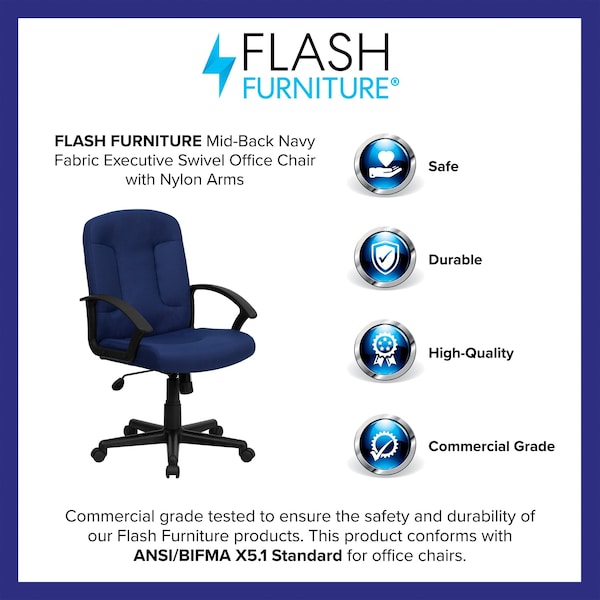 Flash Furniture Contemporary Chair Navy Mid-Back Exec Chair, Fixed Arms, 17-1/4" to 21-1/4" Height, Fabric, Navy - GO-ST-6-NVY-GG