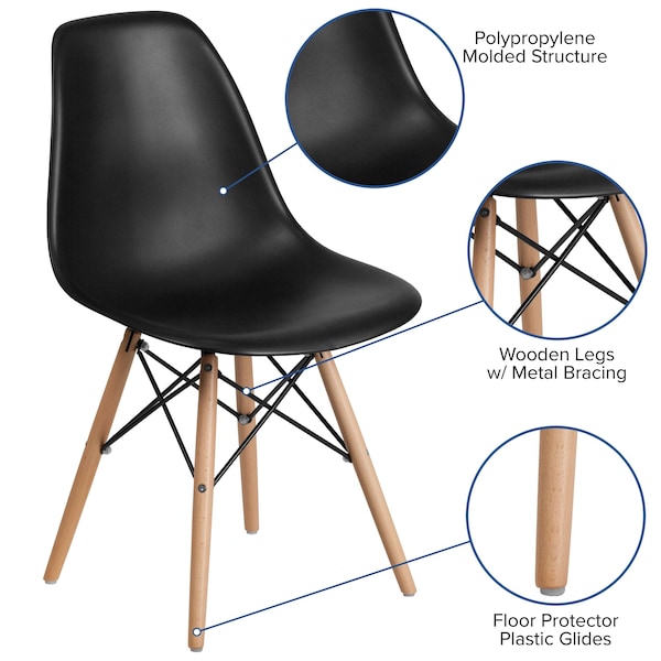 Flash Furniture Elon Series Black Plastic Chair with Wooden Legs - 2-FH-130-DPP-BK-GG