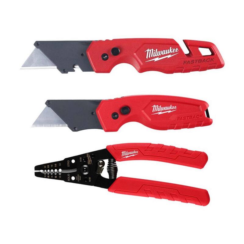 Milwaukee FASTBACK Folding Utility Knife and Compact Folding Utility Knife with 10-18 AWG Wire Stripper and Cutter (3-Piece) - 48-22-1503-48-22-3050