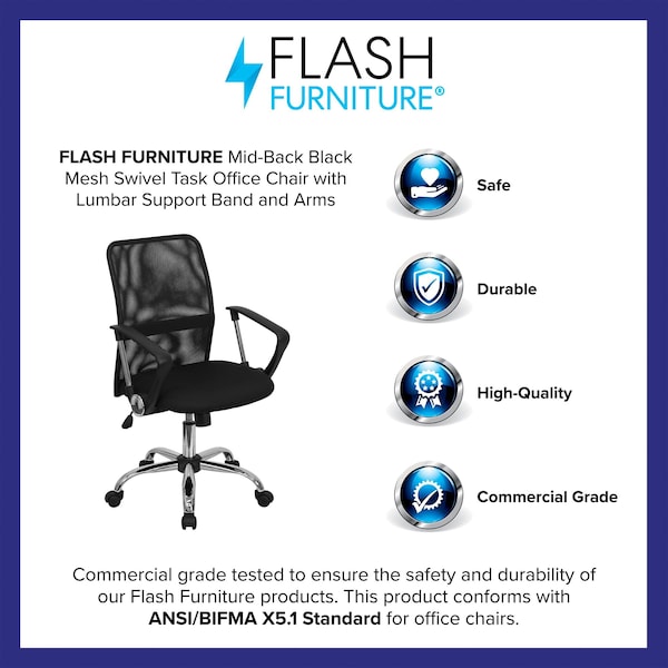 Flash Furniture Contemporary Chair, 18-3/4" to 22-1/2", Fixed Arms, Black - GO-6057-GG