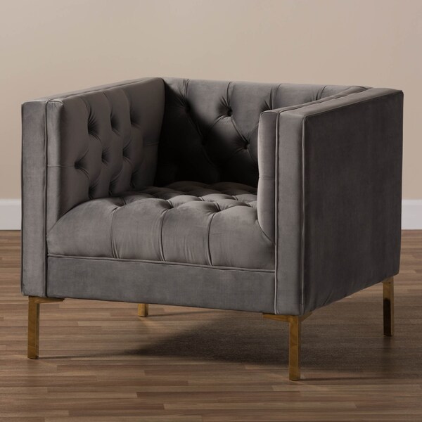 Baxton Studio Zanetta Grey Velvet Upholstered Gold Finished Lounge Chair - 146-8324