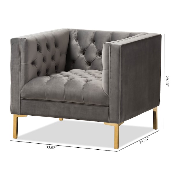 Baxton Studio Zanetta Grey Velvet Upholstered Gold Finished Lounge Chair - 146-8324