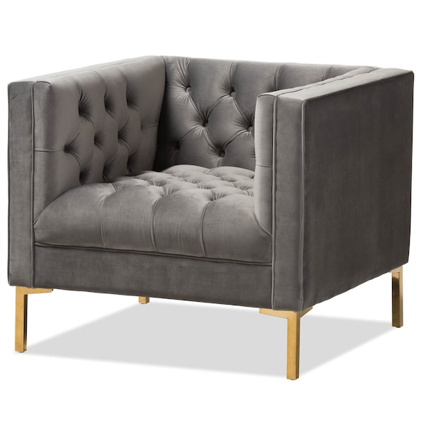 Baxton Studio Zanetta Grey Velvet Upholstered Gold Finished Lounge Chair - 146-8324
