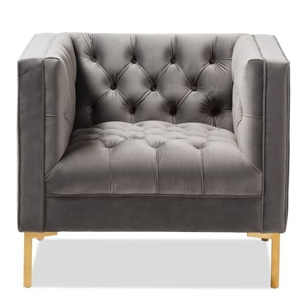 Baxton Studio Zanetta Grey Velvet Upholstered Gold Finished Lounge Chair - 146-8324