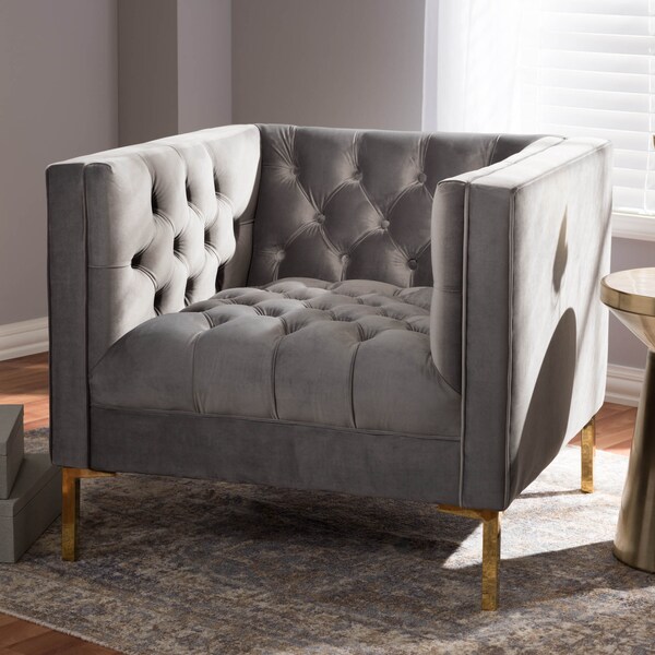 Baxton Studio Zanetta Grey Velvet Upholstered Gold Finished Lounge Chair - 146-8324