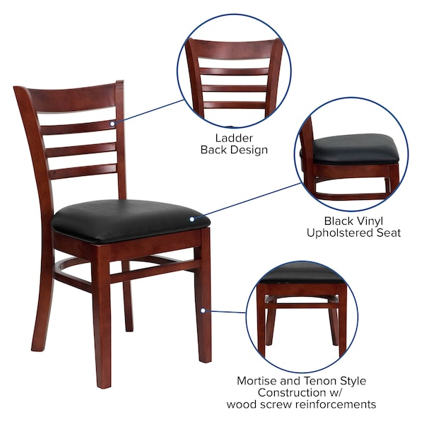 Flash Furniture Hercules Restaurant Chair, Wood Back, 17-1/4 in W 20" L 33-3/4" H, Vinyl Seat - XU-DGW0005LAD-MAH-BLKV-GG