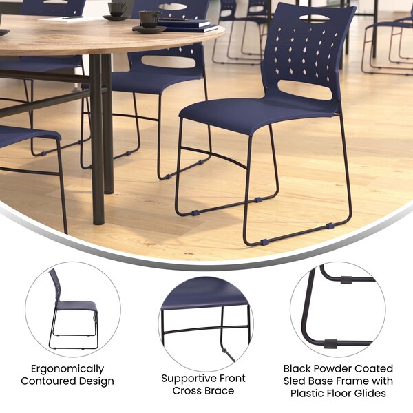 Flash Furniture 881 lb. Capacity Navy Sled Base Stack Chairs, 5PK - 5-RUT-2-NVY-BK-GG