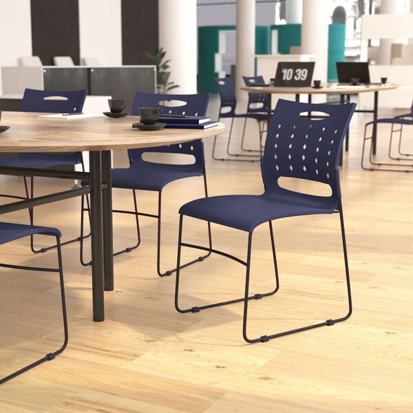 Flash Furniture 881 lb. Capacity Navy Sled Base Stack Chairs, 5PK - 5-RUT-2-NVY-BK-GG