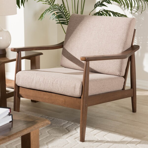 Baxton Studio Venza Walnut Wood Light Brown Upholstered Lounge Chair - 140-7555