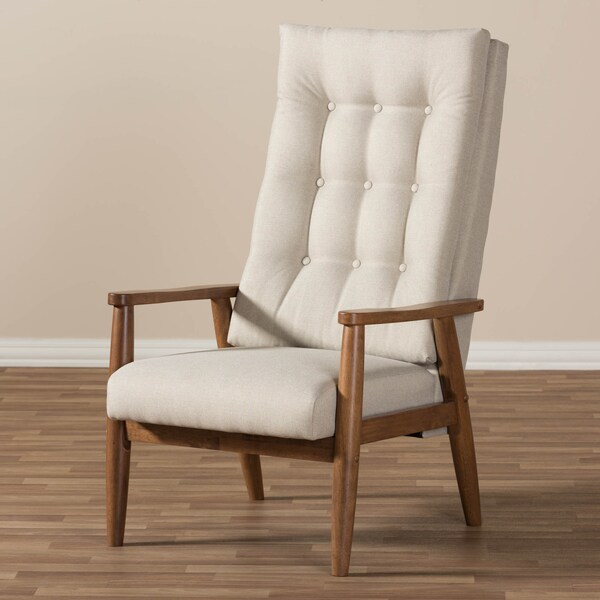 Baxton Studio Roxy Walnut wood and Beige Upholstered Button-Tufted High-Back Chair - 133-7141