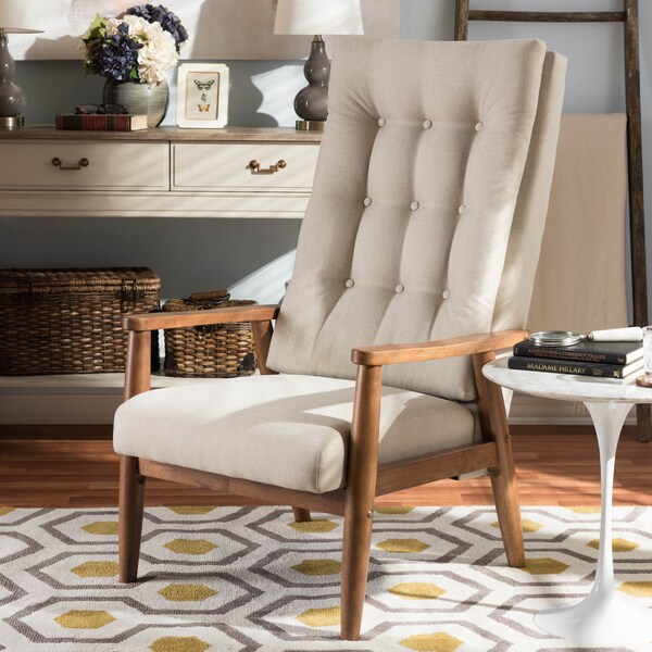 Baxton Studio Roxy Walnut wood and Beige Upholstered Button-Tufted High-Back Chair - 133-7141