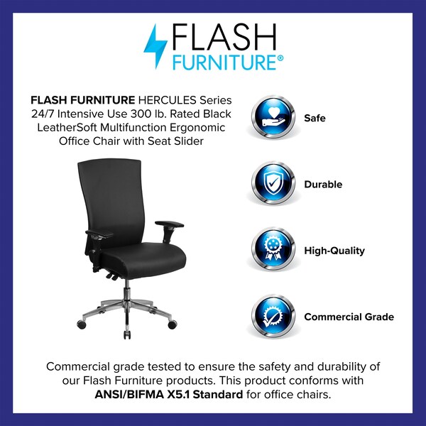 Flash Furniture Hercules Office Chair, Black Back, 28-1/2 in W 25" L 47-1/2" H, Leather Seat - GO-WY-85H-1-GG