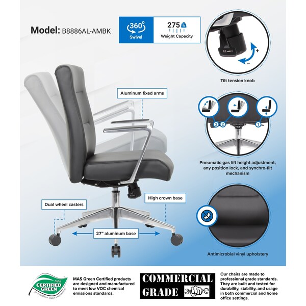 Boss Office Products Executive Chair - Aluminum Arms - B8886AL-AMBK