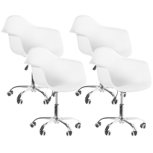 Fabulaxe Mid-Century Modern Style Adjustable Swivel Plastic Shell Molded Office Task Chair w/ Rolling Wheels, White Set of 4 - QI003751.WT.4