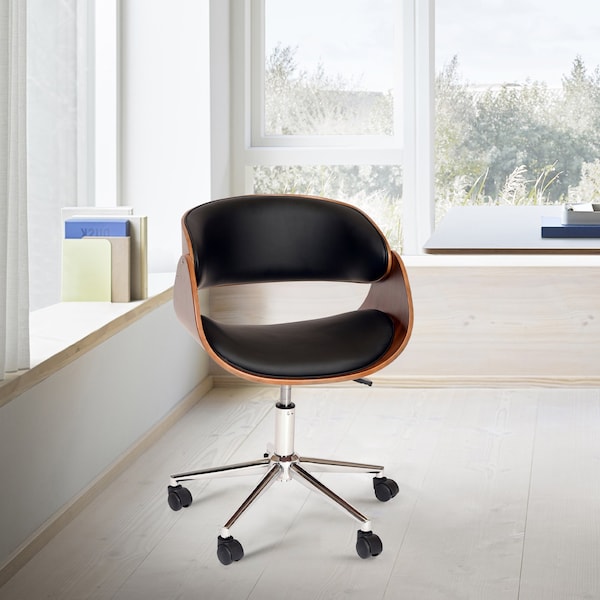 Armen Living Julian Modern Office Chair In Chrome Finish with Black Faux Leather And Walnut Veneer Back - LCJUOFCHBL