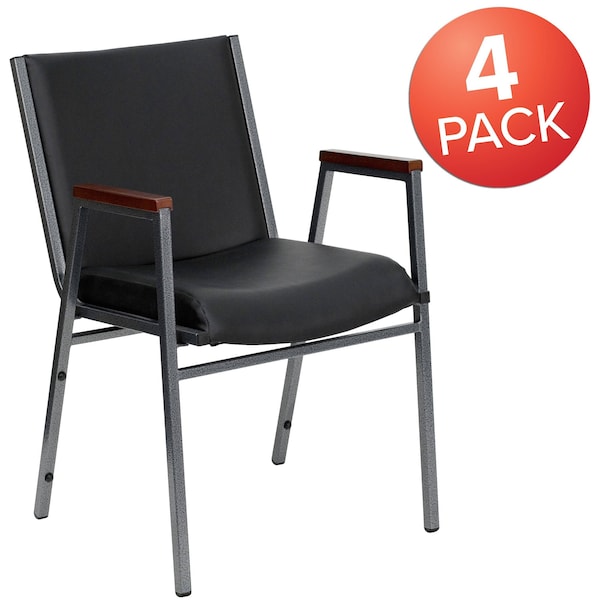 Flash Furniture HERCULES Series Heavy Duty Black Vinyl Stack Chair with Arms - 4-XU-60154-BK-VYL-GG
