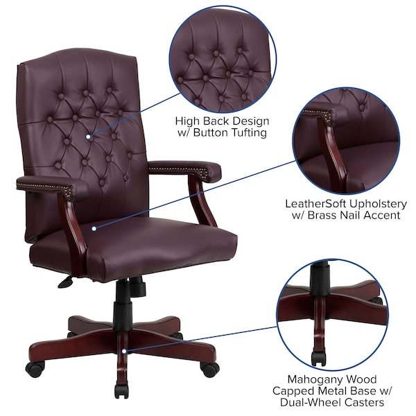 Flash Furniture Executive Chair Fixed Arms, 19-1/2" to 23" Height, Leather, Burgundy LeatherSoft - 801L-LF0019-BY-LEA-GG
