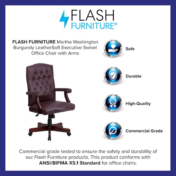 Flash Furniture Executive Chair Fixed Arms, 19-1/2" to 23" Height, Leather, Burgundy LeatherSoft - 801L-LF0019-BY-LEA-GG