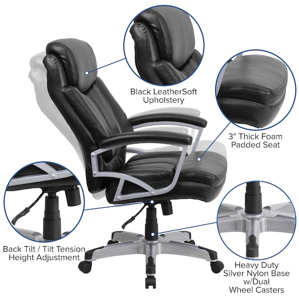 Flash Furniture Hercules Office Chair, Black Seat, Black Back, 28 1/2 in W 35" L 49-1/2" H, Padded, Leather Seat - GO-1850-1-LEA-GG