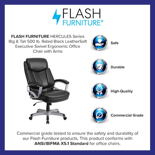 Flash Furniture Hercules Office Chair, Black Seat, Black Back, 28 1/2 in W 35" L 49-1/2" H, Padded, Leather Seat - GO-1850-1-LEA-GG